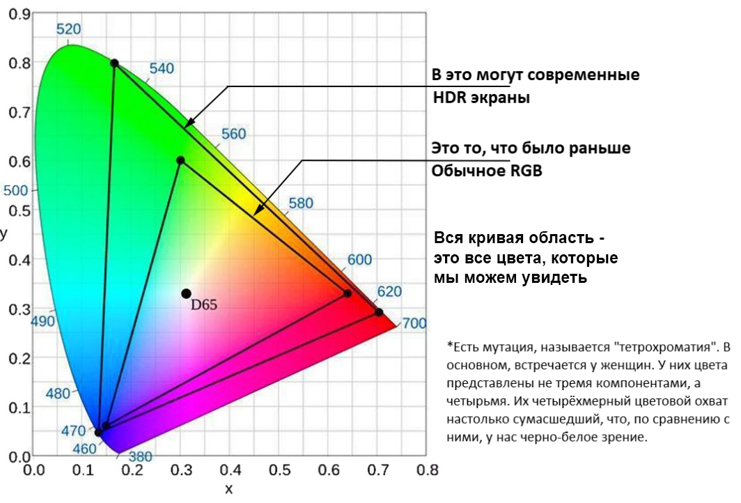 Эта кривулька - завсегдатай текстов про цветовой охват. На самом деле она - донышко сложного трёхмерного тела, похожего на конус, и символизирующего множество всех цветов. Подробнее можно почитать тут:https://habr.com/ru/company/droider/blog/568774/У тетрохроматов это будет уже не трёхмерный «конус», а четырёхмерное многообразие, название которого в человеческом языке отсутствует.