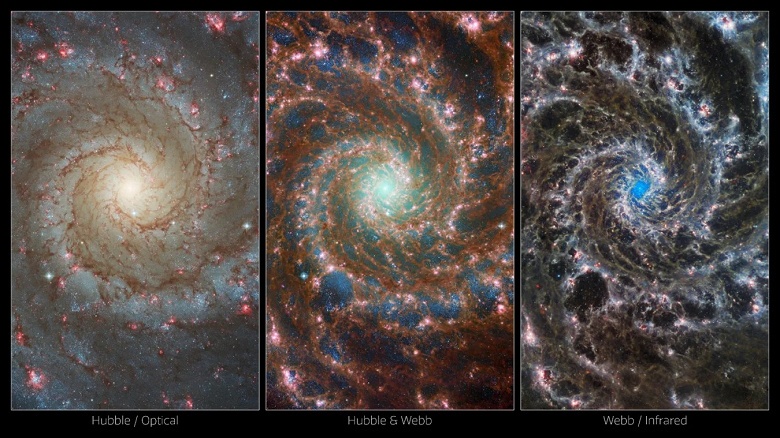 «Хаббл» и «Джеймс Уэбб» впервые поработали вместе. Астрономы поделились комбинированным снимком «Призрачной галактики» 