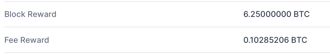 Размер вознаграждения за блок и суммарной комиссии блока Биткоин с высотой 752730