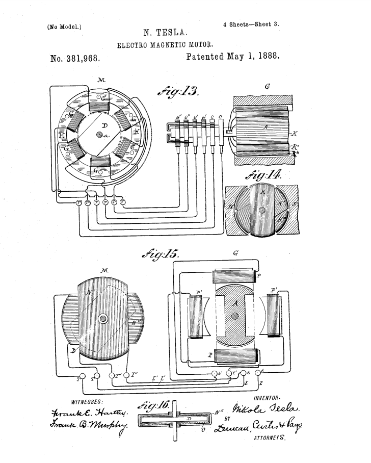 Третья страница патента Теслы №381968 на трёхфазный электро-магнитный двигатель переменного тока