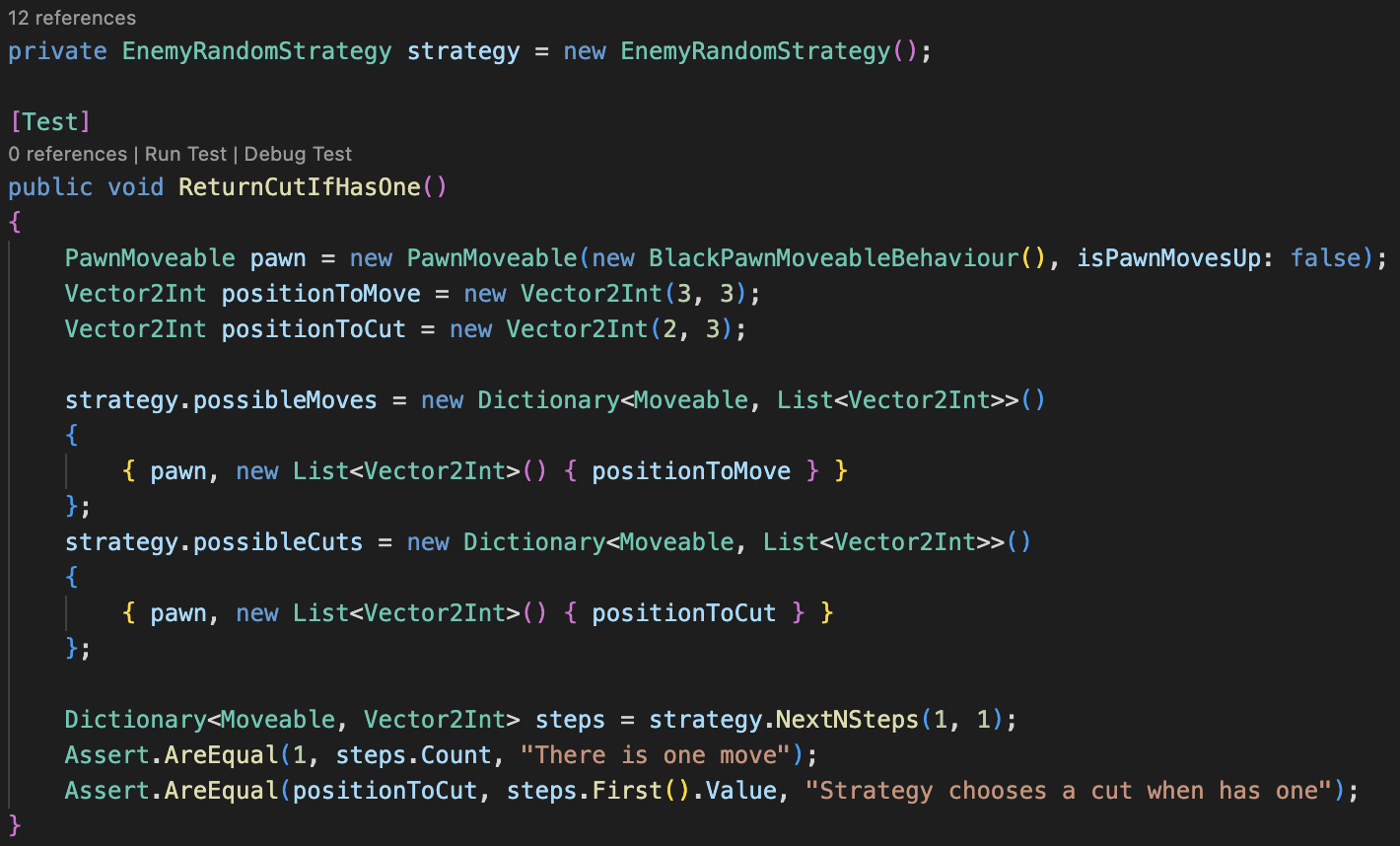 Пример теста на стратегию соперника: ходы фигур рандомные, но если есть возможность срубить, стратегия должна вернуть как ход именно рубку. Пример теста на стратегию соперника: ходы фигур рандомные, но если есть возможность срубить, стратегия должна вернуть как ход именно рубку.