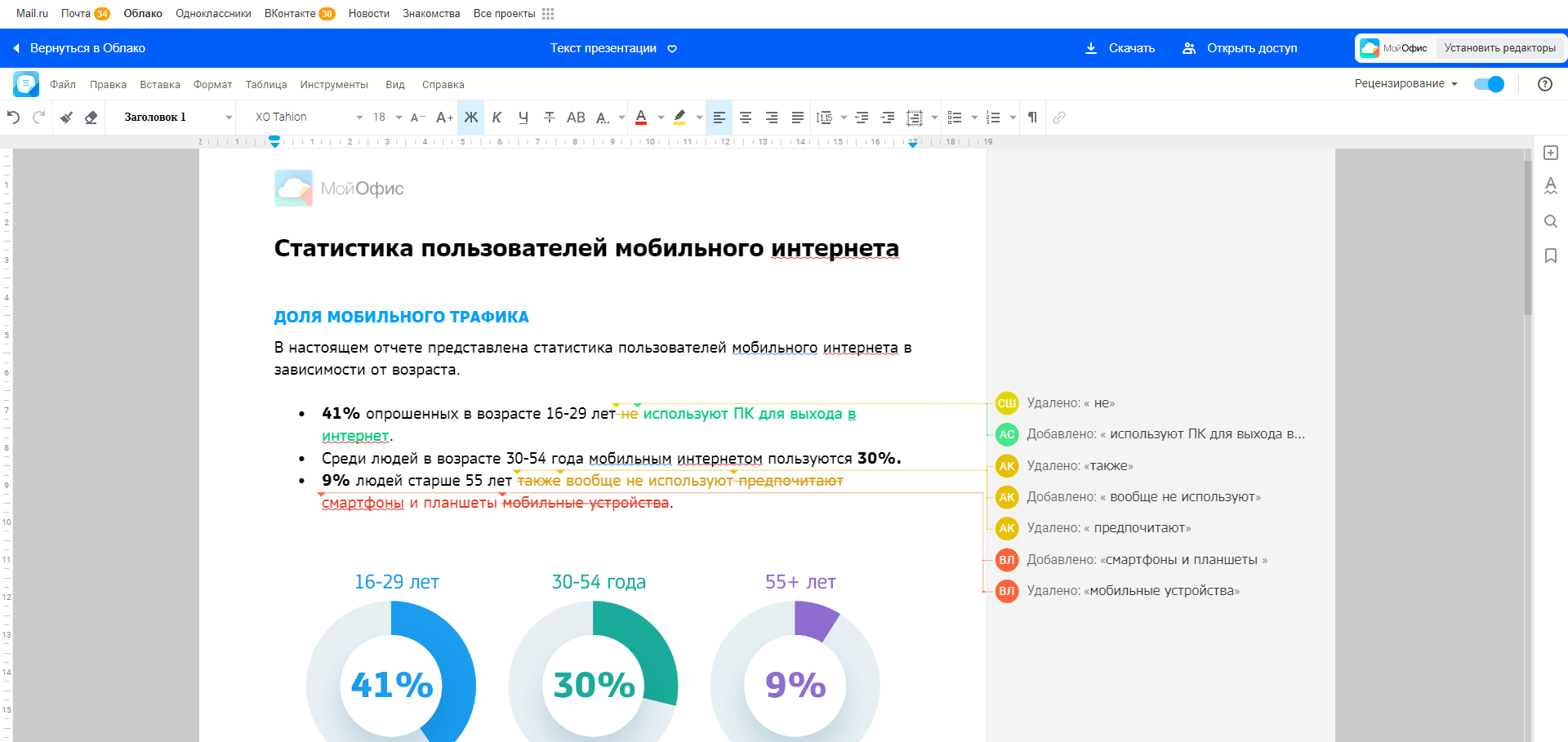 Пользователи Почты и «Облака Mail.ru» могут редактировать документы в приложениях МойОфис прямо из браузера Пользователи Почты и «Облака Mail.ru» могут редактировать документы в приложениях МойОфис прямо из браузера