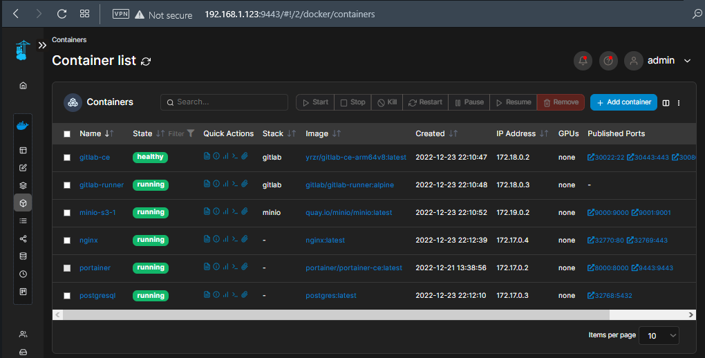 список запущенных сервисов в Portainer