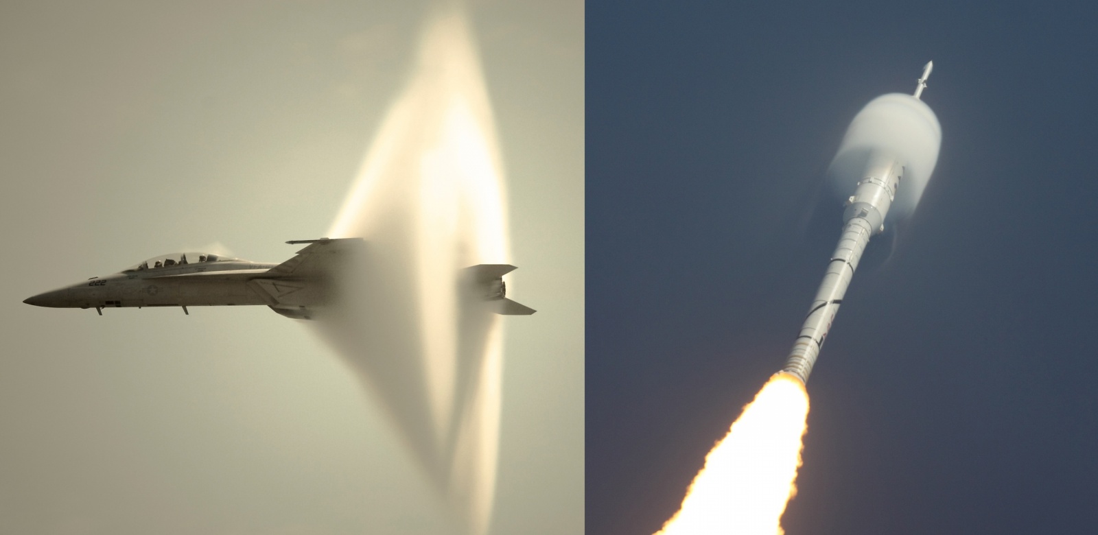 Слева - ударная волна сверхзвукового самолета, справа - ударная волна при переходе космической ракеты звукового барьера