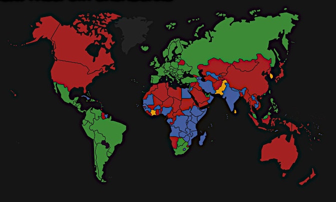Зеленый - виза не нужна, голубой - виза по прибытию, желтый - виза по интернету, красный - визу нужно оформлять. Карта взята с https://www.passportindex.org/