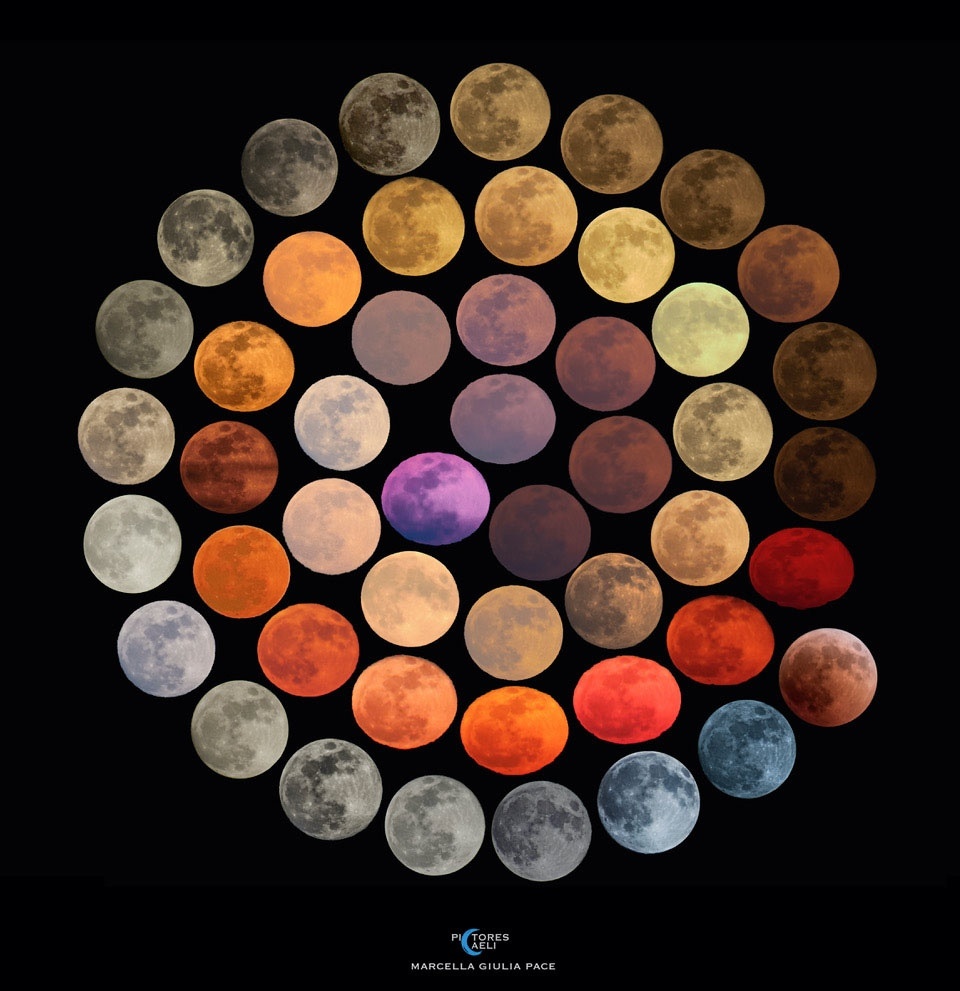Коллекция видимых цветов полнолуния, заснятая астрофотографом в течение 10 лет из разных мест по всей Италии из статьи НАСА: https://science.nasa.gov/colors-moon