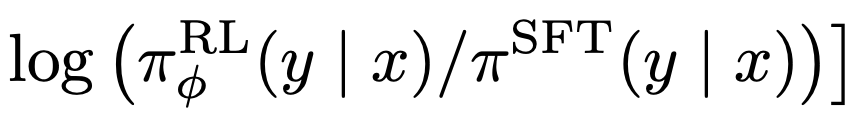 Так выглядит член регуляризации на основе KL-дивергенции. Это логарифм отношения вероятностей, порожденных двумя моделями. Здесь x - это входной запрос или текст (промпт), y - генерируемая моделью часть, RL/SFT - указание на тип модели (в числителе - новая, обучаемая модель, в знаменателе - зафиксированная и обученная на демонстрациях). Pi означает конкретную модель и её оценки вероятностей токенов y при промпте x.