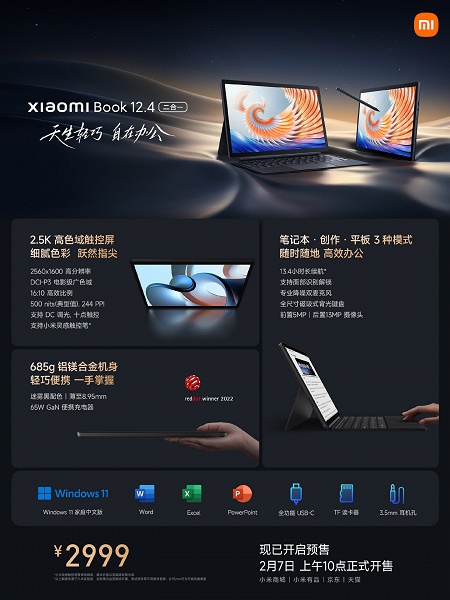 Экран 12,4 дюйма 2,5К, 13 часов автономной работы, Windows 11, 685 граммов и цена всего $425. Xiaomi Mi Notebook 12.4 поступил в продажу в Китае