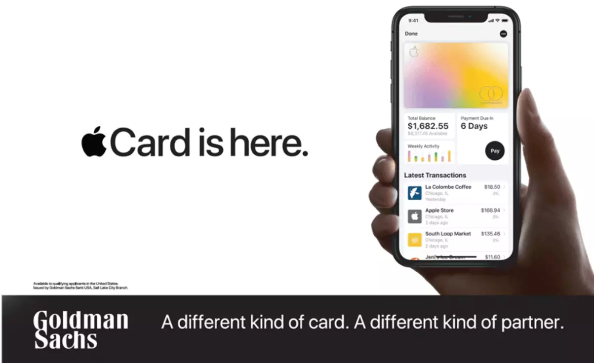 Примерно так в 2019 г. Голдманы пиарили карту Apple. "Другой тип карты, другой тип партнерства" - в общем, полный фарш.