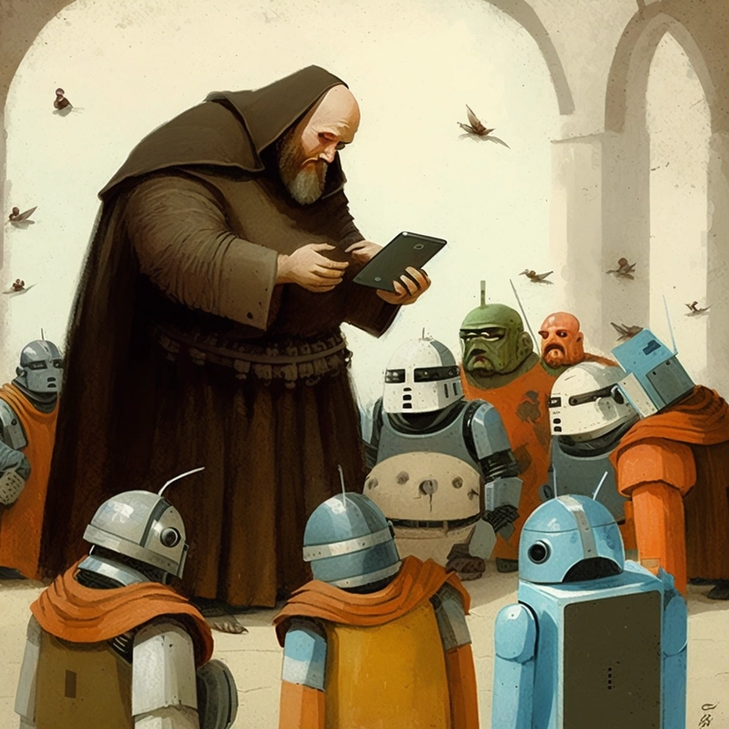 Saint Francis Assisian preaches the Holy Scriptures to a group of Android robots (с) Midjourney