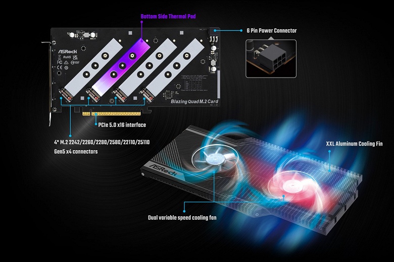 Подключить четыре SSD с PCIe 5.0 к одному слоту PCIe. ASRock представила плату расширения Blazing Quad M.2 Card