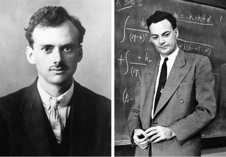 Слева – британский физик Поль Дирак, переформулировавший квантовую механику в 1933 году. В его трактовке квантовая механика позволяет учитывать всю историю (траекторию) частицы, а не только её эволюцию во времени. Справа – американский физик Ричард Фейнман, позаимствовавший эту идею и развивший её, что позволило ему в 1948 году разработать интеграл по траекториям.