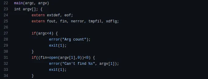 Функция main исходного кода компилятора, скриншот автора