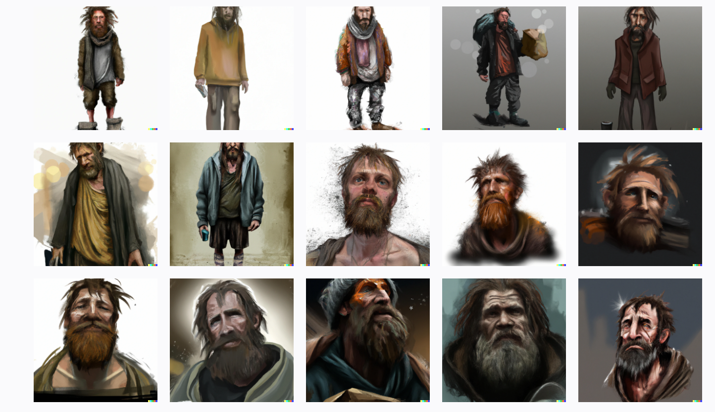 prompt=“homeless portrait stinky dirty, alone bearded, brown hair, digital art, portrait, white background”