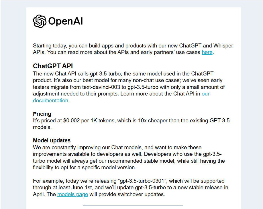 OpenAI - gpt-3.5-turbo api official release