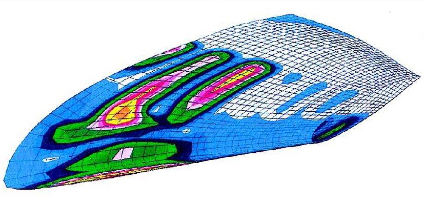 Напряжённо-деформированное состояние обшивки несущего тела при двукратном внутреннем давлении, рассчитанное конечно-элементным методом. Цвета показывают величины деформаций