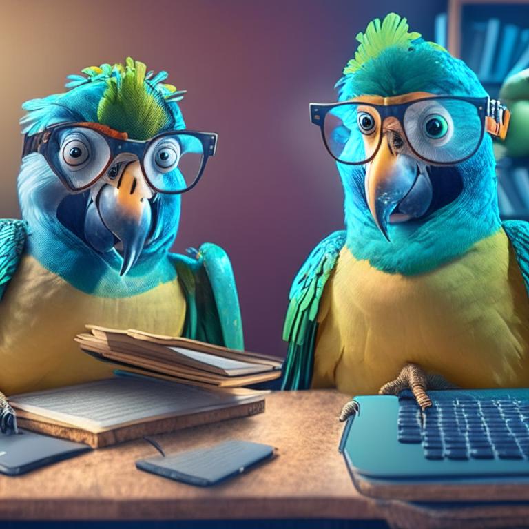 Промт: two funny happy parrots on in glasses sitting by computer, books at the table