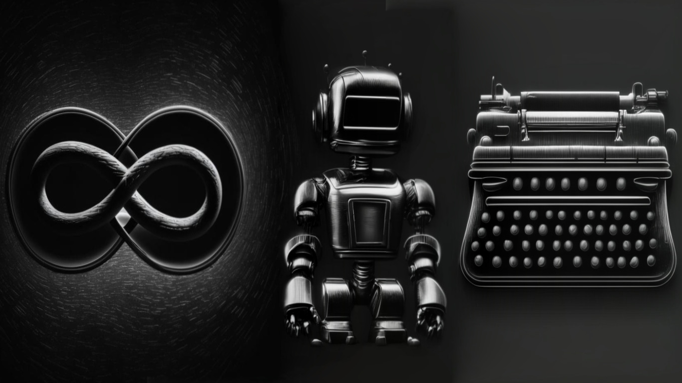 Значёк бесконечности, робот и печатная машинка на чёрном фоне - Kandinsky 2.1