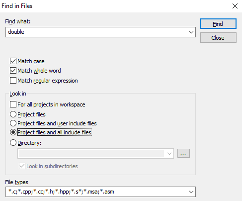 Встроенный в IAR EWARM поиск по файлам проекта слова double