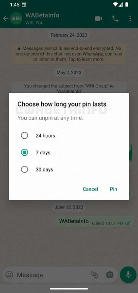 По таймеру: в WhatsApp можно будет временно закреплять сообщения