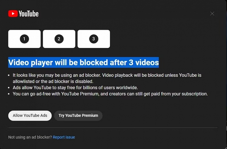 Google закручивает гайки блокировщикам рекламы на YouTube: три попытки — и видеоплеер заблокируют