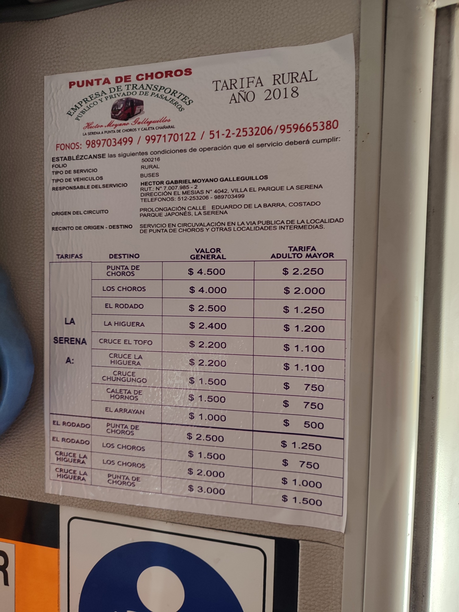 Цены в чилийском международном автобусе. Они указаны в песо, а не долларах.