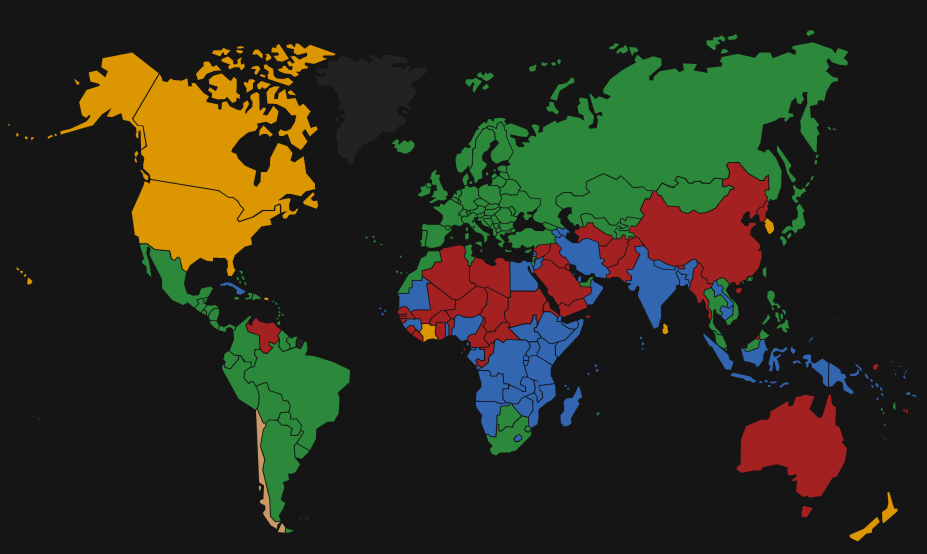 Карта взята с passportindex.org. Зеленый цвет - виза не нужна, голубой - виза по прибытии, желтый - электронная виза, красный - виза нужна.