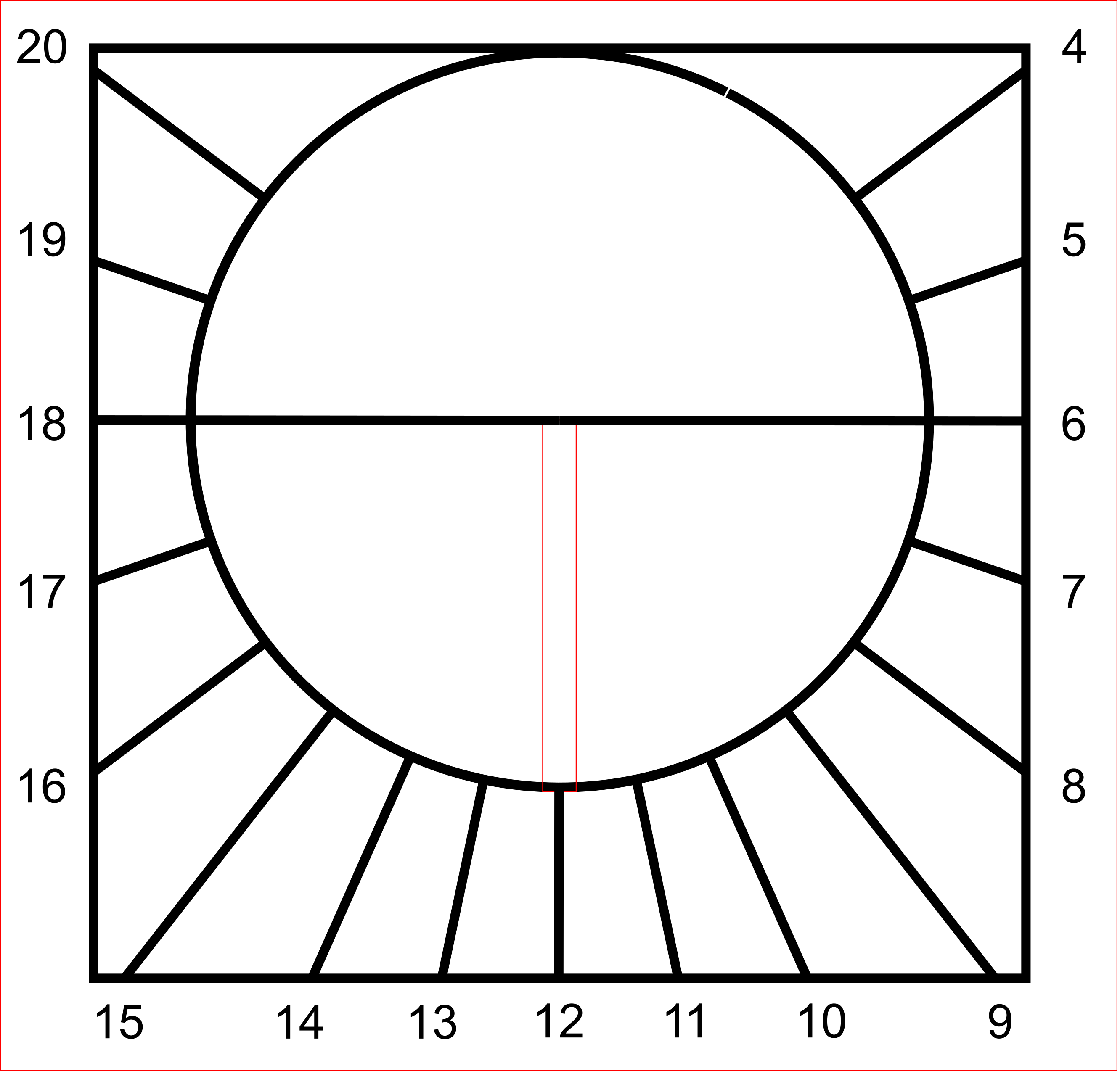 Циферблат горизонтальных солнечных часов. Красным прямоугольником показано место установки гномона. Рисунок автора.