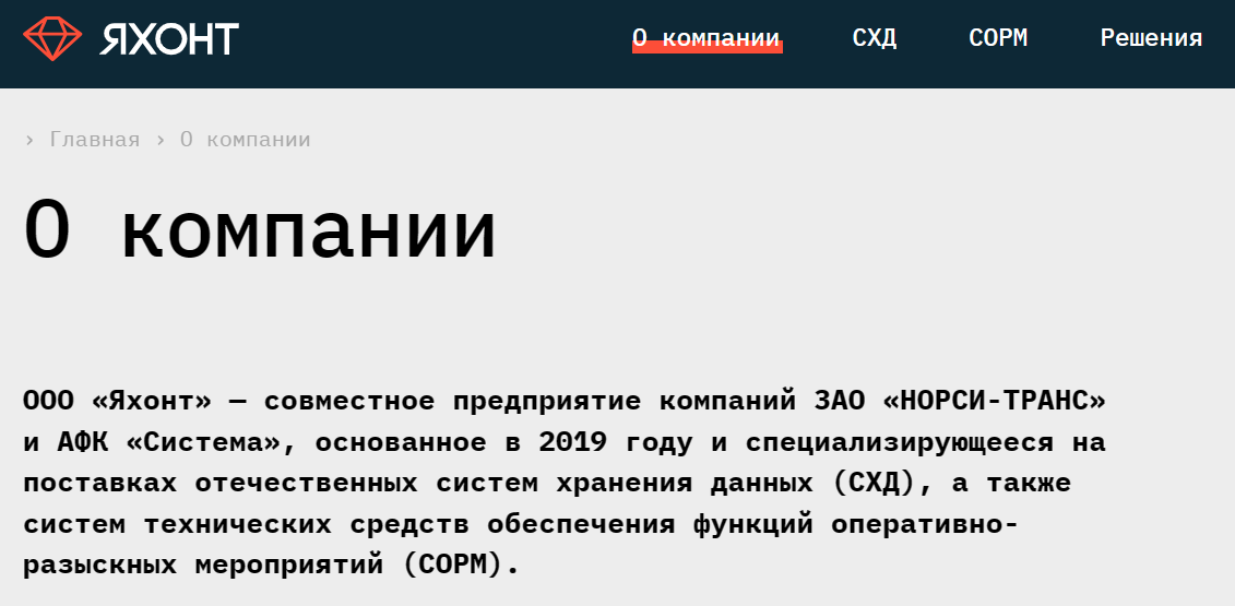 Скриншот 5. Яхонт СХД - информация с сайта компании с раздела "О компании".