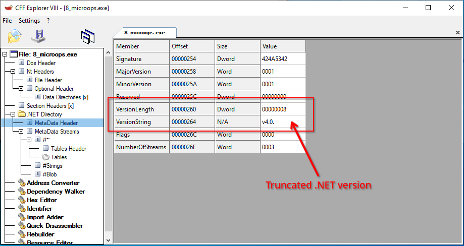 В директории с метаданными .NET содержится строка с указанием версии, в которой записана требуемая версия среды исполнения — эту строку также можно обрезать   