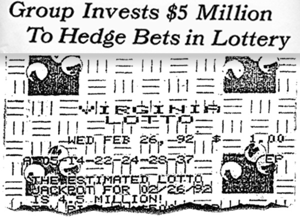 Вверху: Один из заголовков «Нью-Йорк Таймс» за 1992 год. Внизу: лотерейный билет виргинской лотереи за 1992 год (из архивов NYT)