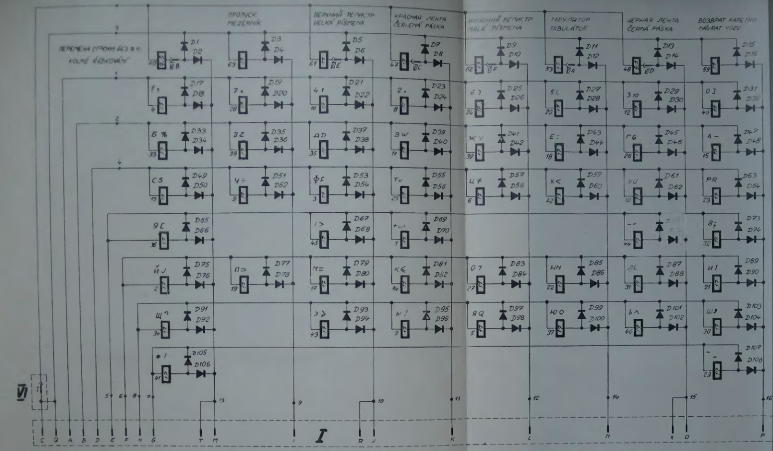 Вся матрица реле для выбора печатаемых символов. Внизу подписаны номера контактов внешнего разъёма телетайпа.