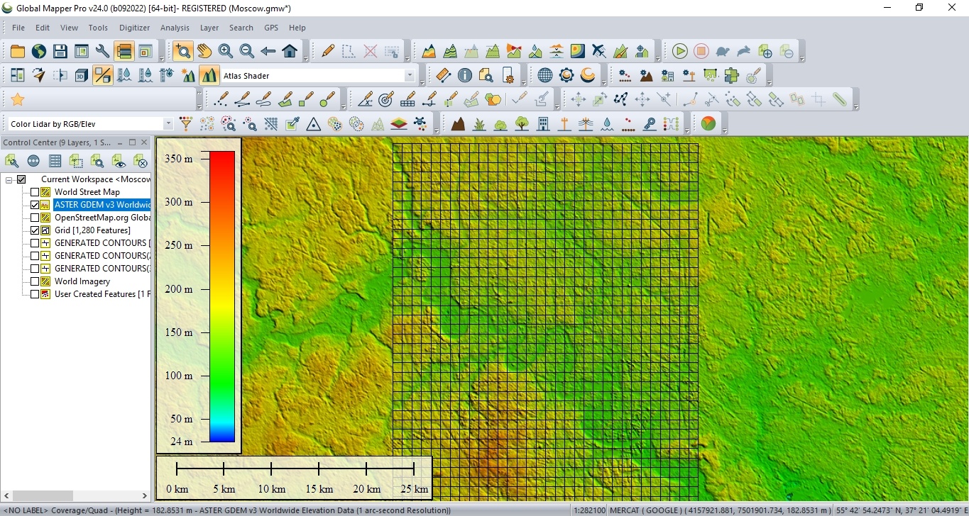 Global Mapper с наложенными слоями карты высот и сетки для экспорта