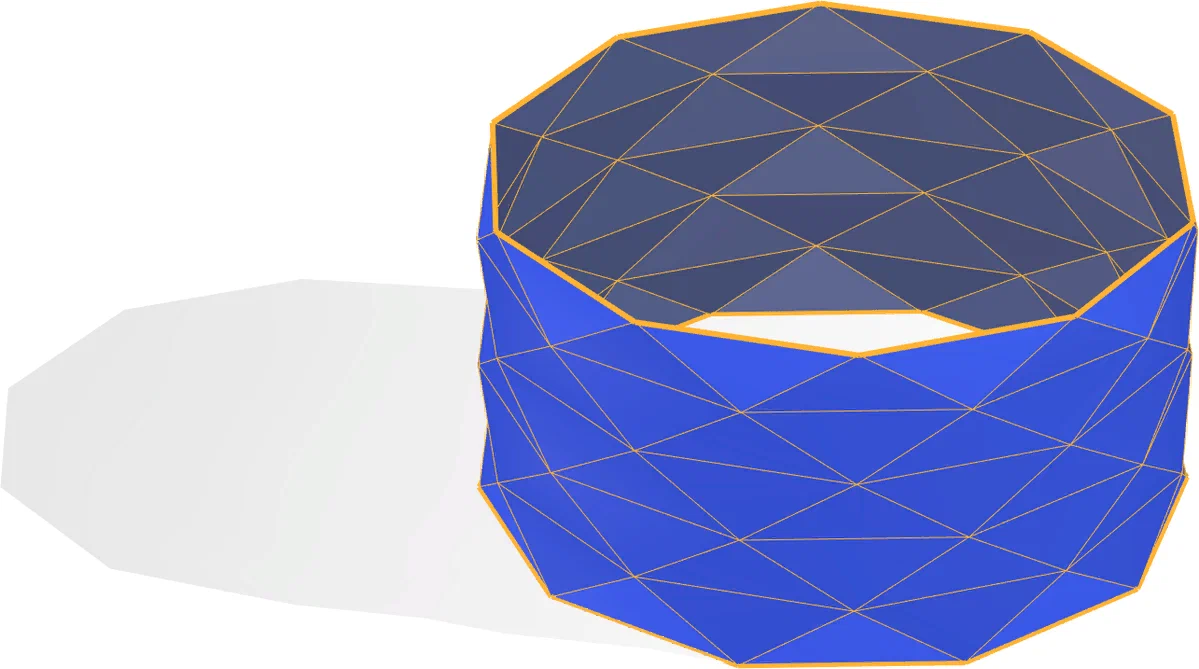 Сапог Шварца с n=10. Треугольники пары блинов "выпуклы" на угол 360/10=36 градусов. Таким образом, чем меньше мы будем делать этот угол, тем больше поверхность сапога Шварца будет цилиндрической.