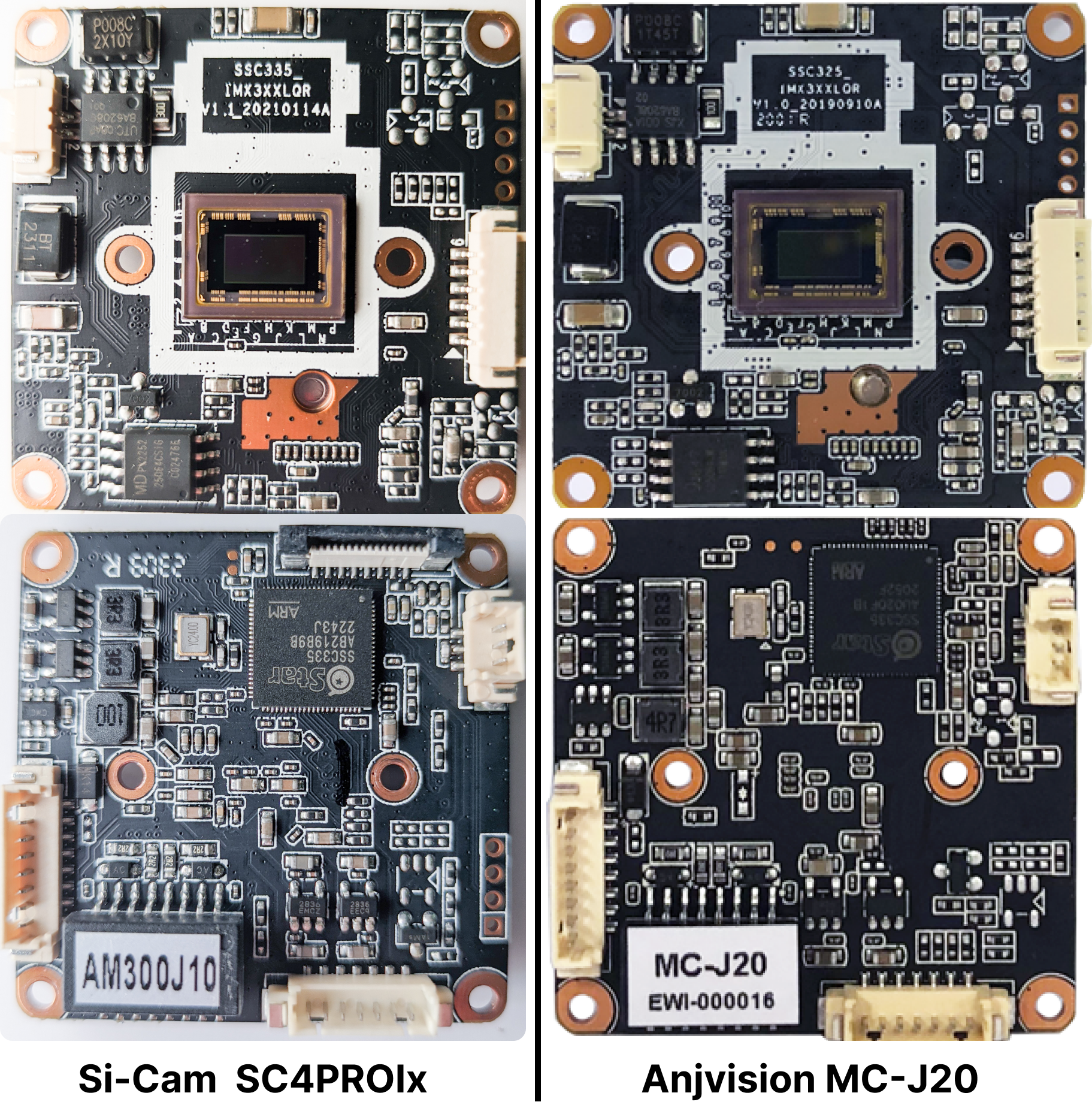 Платы видеомодуля “отечественной” Si-Cam SC4PROIх слева и китайской Anjvision MC-J20 справа