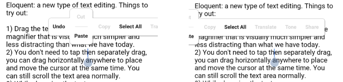 В T-Menu системы Eloquent для вырезания и вставки используются жесты-свайпы. Оно не имеет иерархии и просто выдвигается на экран
