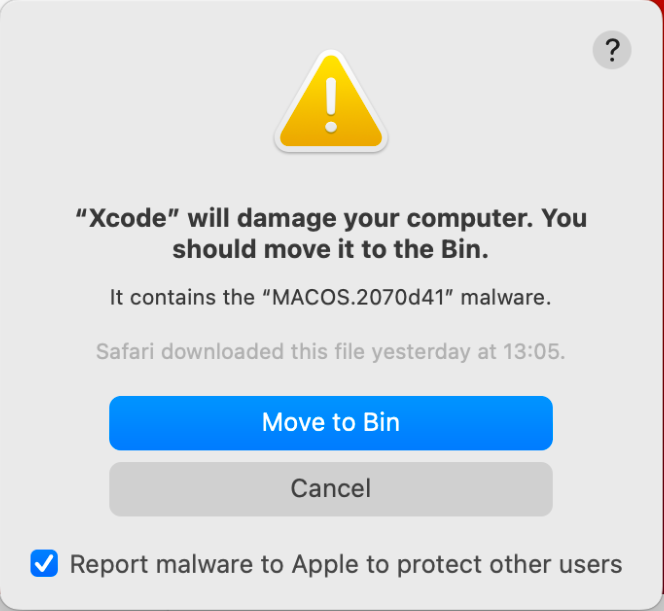MACOS.2070d41 на самом деле — известный вредонос XCSSET, который Apple иногда называет DubRobber A (источник скриншота)  