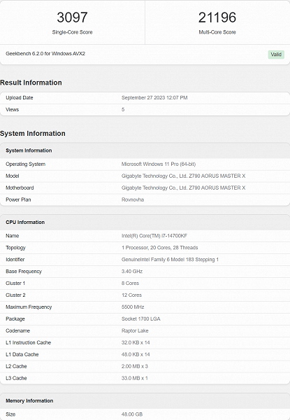 Core i7-14700KF, который быстрее Core i9-13900K. Новинка засветилась в бенчмарке с незначительным разгоном