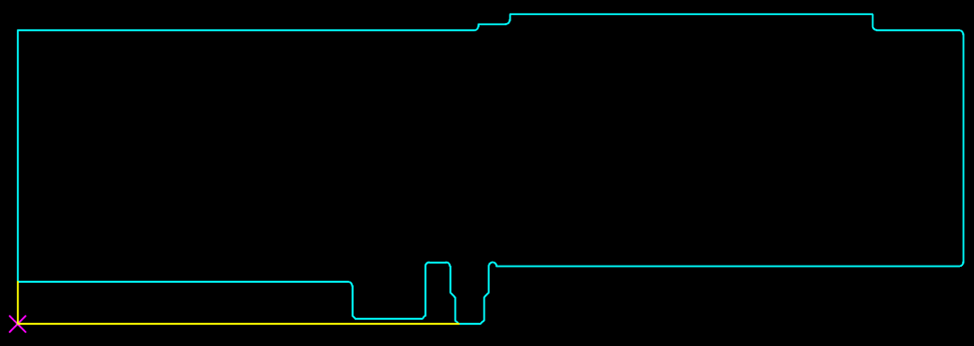 Плата с фигурным контуром. Начало отсчета координат — розовый крест в левом нижнем углу. Желтым цветом показаны построения до крайних точек контура платы.