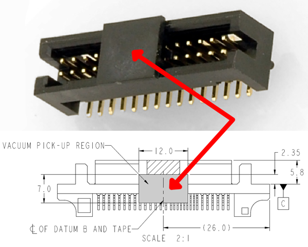 Пример разъема с центральной заглушкой для SMT-монтажа (обозначена как Vacuum pick-up region).