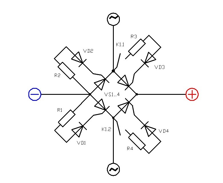Рис. 7. Управляемый выпрямитель электролизера. Схема электрическая принципиальная. VS1…4 – подходящие по конструкции, допустимым току и напряжению. R1…4 – 100…200 Ом, VD1…4 – любые маломощные, с допустимым прямым током 0,1…0,3 А. Неосновные сервисные цепи не показаны. 