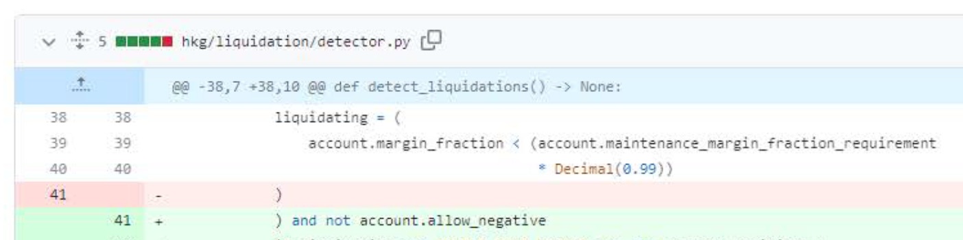Github diff. Unchanged code: liquidating=(account.margin_fraction < (account.maintenance_margin_fraction_requirement * Decimal(0.99)))  Added line: ) and not account.allow_negative