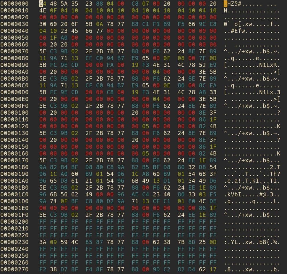 Скриншот из шестнадцатеричного редактора с двоичными данными транспортной карты Charlie