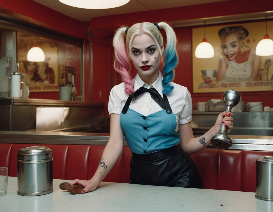 Harley Quinn as a waitress in a diner with hammer effect in a playful style, photographed by Juergen Teller