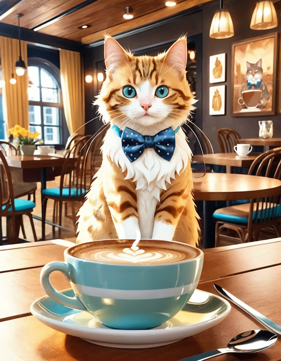 Cat with a bowtie in a coffee shop with steam effect in a cozy style