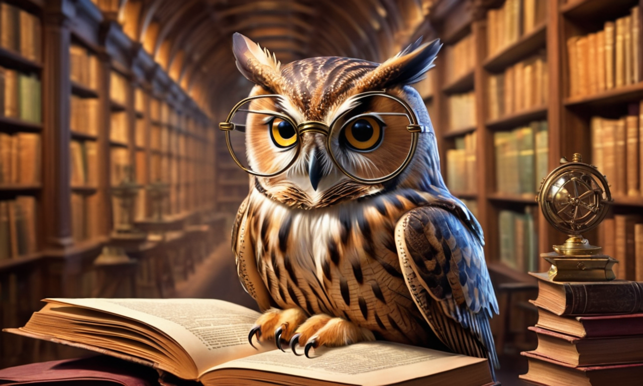 Owl with glasses in a library with book effect in a scholarly style