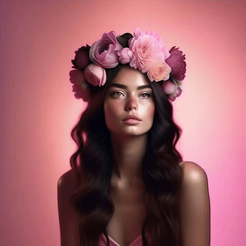 Красивая женщина, темные волосы, веснушки, цветочная корона из крупных пионов и роз, красивый градиентный розовый фон, верхнее освещение, профессиональная фотография, студийная фотография, 4k, режим: “live”