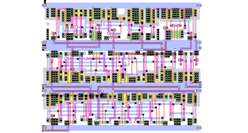 Пример микросхемы ASIC с ячейками одинаковой высоты и каналами между ними.