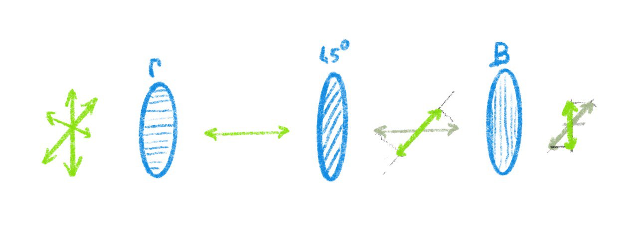 Простая иллюстрация: зеленые стрелочки обозначают направление поляризации. Слева поляризация хаотична. После первого фильтра она идеально горизонтальна. После второго — остается 71% под 45°, после 3 — 50% вертикальной.