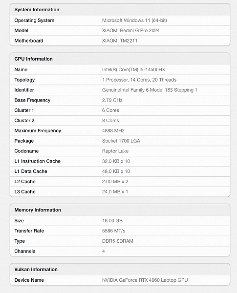 14-ядерный Core i5-14500HX и GeForce RTX 4060 Laptop. Раскрыты характеристики игрового ноутбука Redmi G Pro 2024